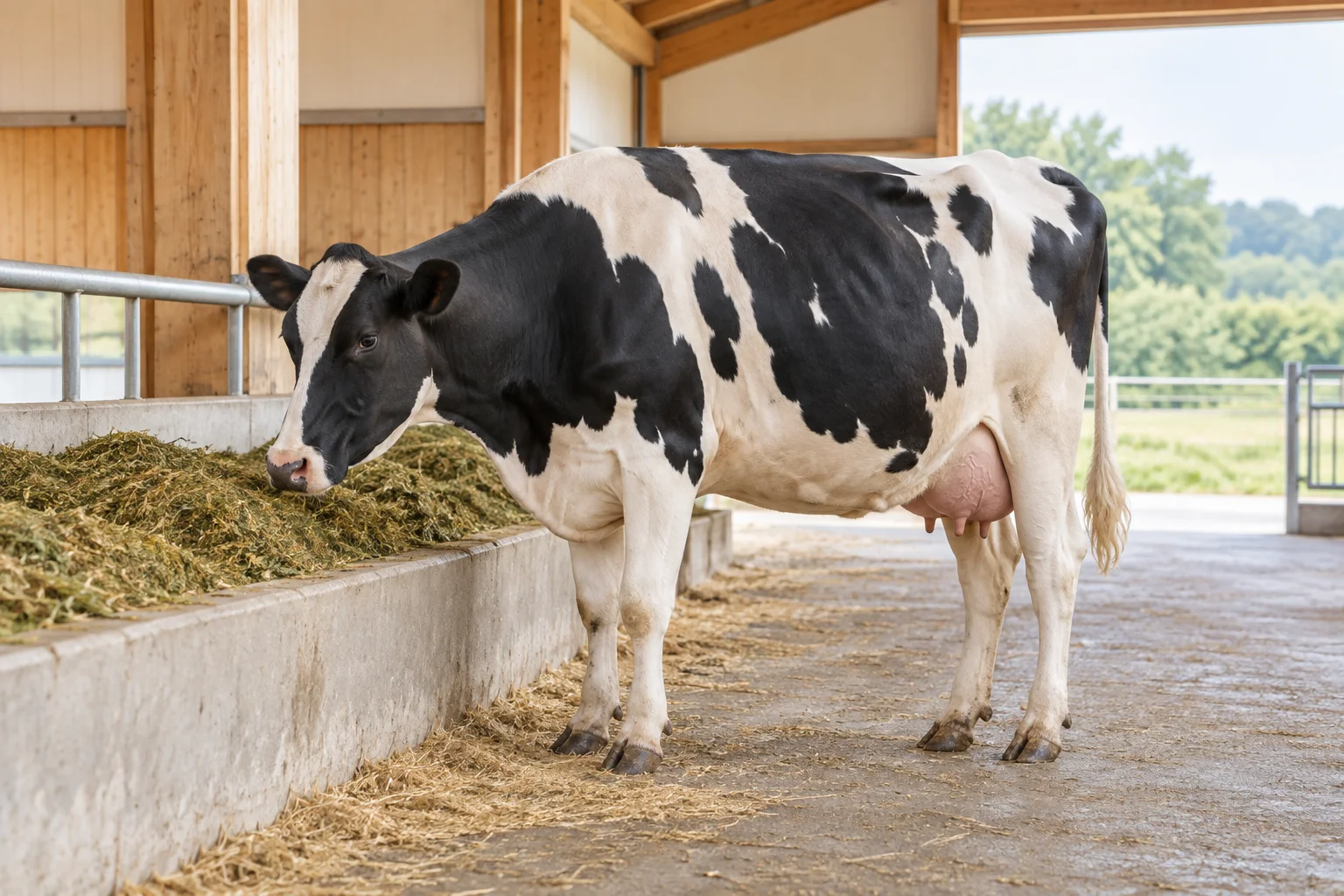 Zwartbonte melkkoe staat in een lichte stal met haar kop bij voer in een voerbak.