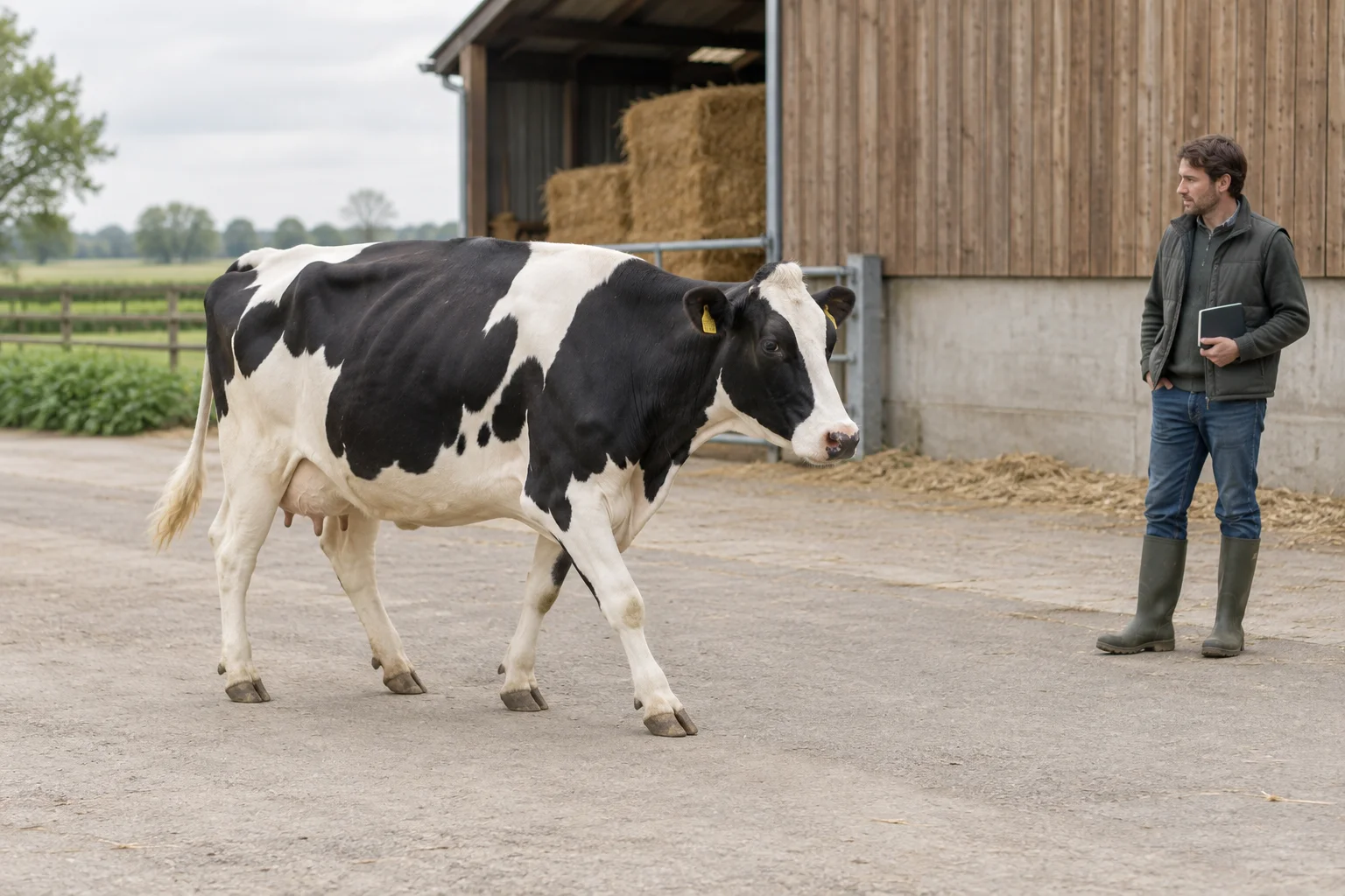 Een zwartbonte koe loopt over een erf terwijl een boer op afstand toekijkt met een gesloten notitieboek in zijn hand.