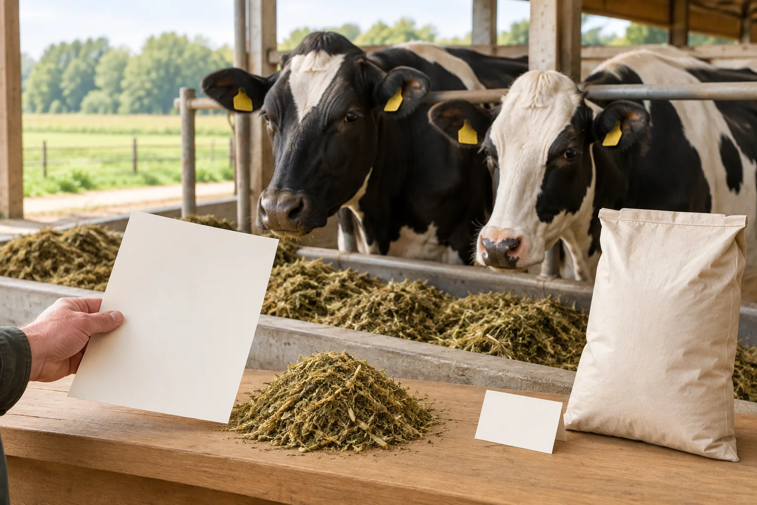 Twee zwartbonte runderen bij een voergang, met ruwvoer, een blanco vel papier en een onbedrukte zak op de voorgrond.
