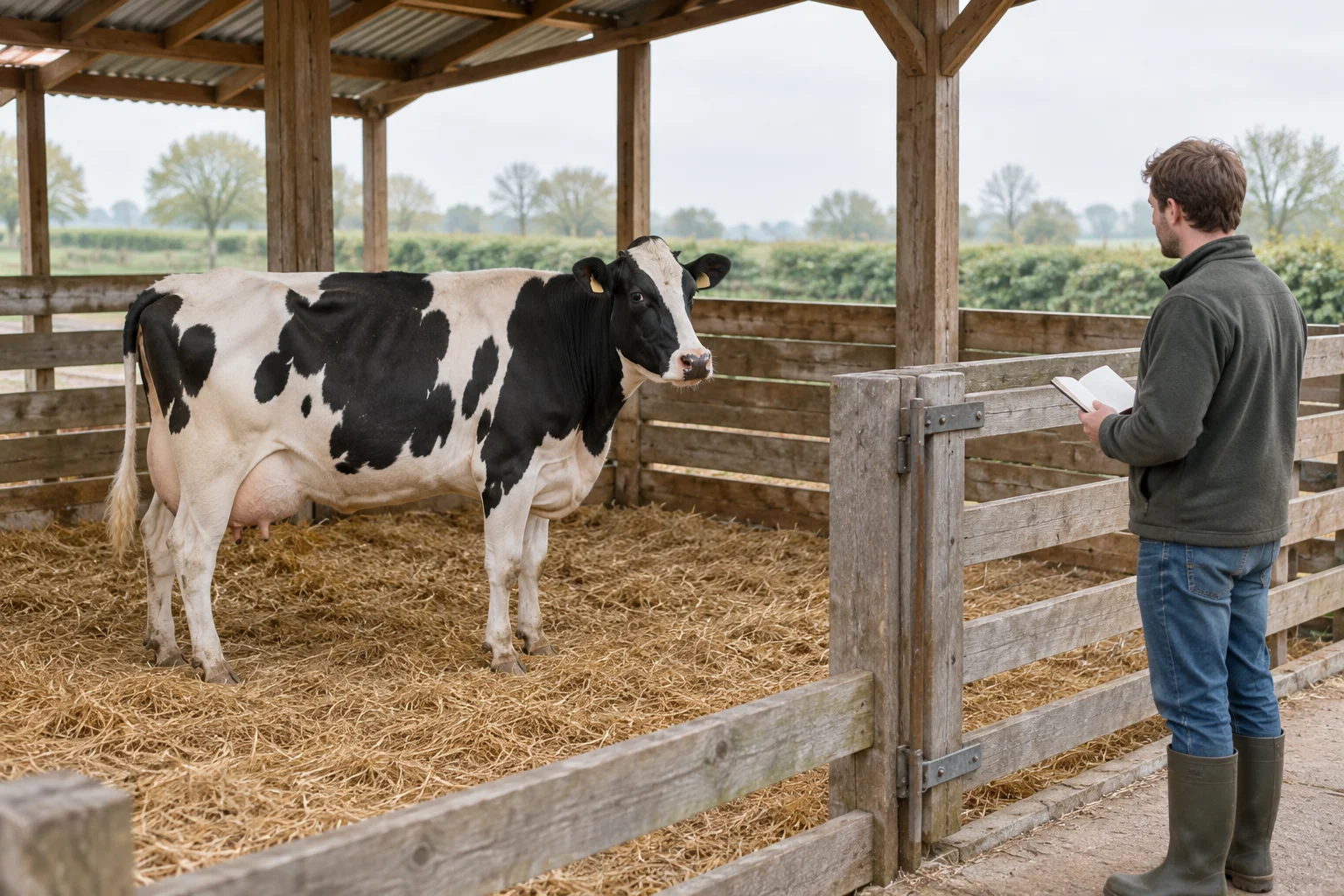 Een zwartbonte koe staat in een stal op stro, terwijl een persoon buiten het hek met een open notitieboek naar haar kijkt.