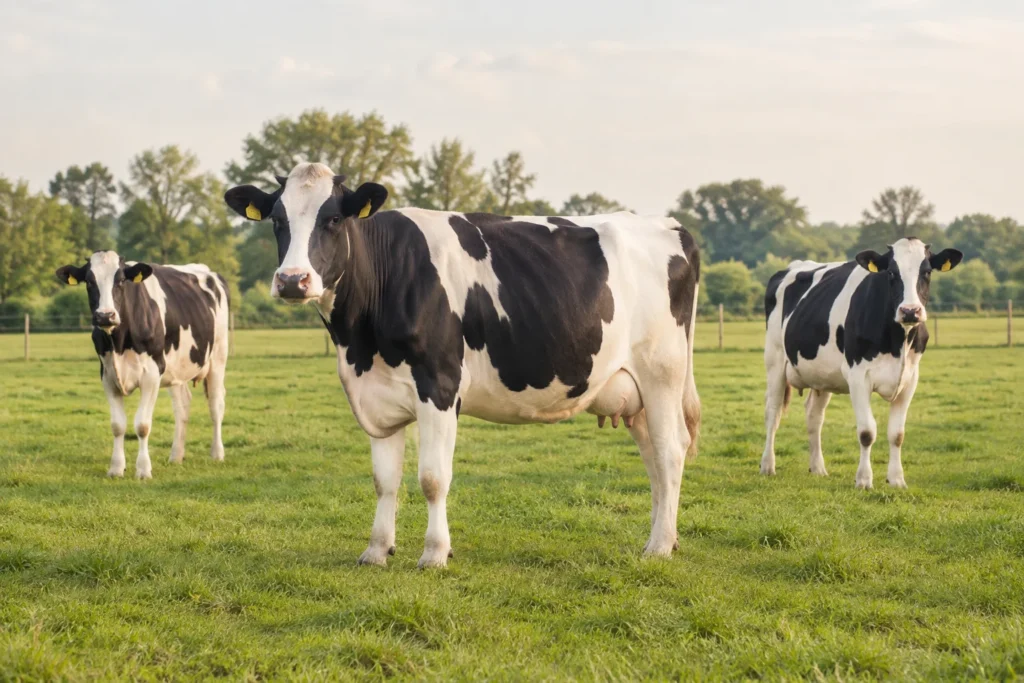 Drie zwartbonte koeien staan in een groene weide met bomen op de achtergrond.