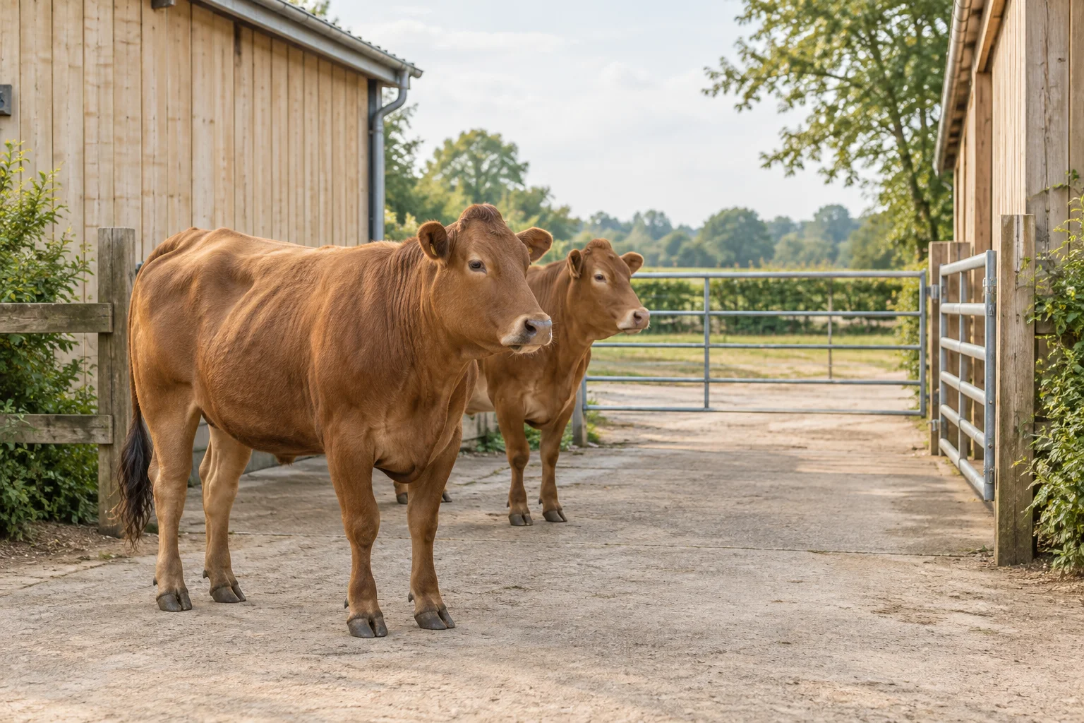 Twee bruine runderen staan op een erf tussen houten schuren en metalen hekken.