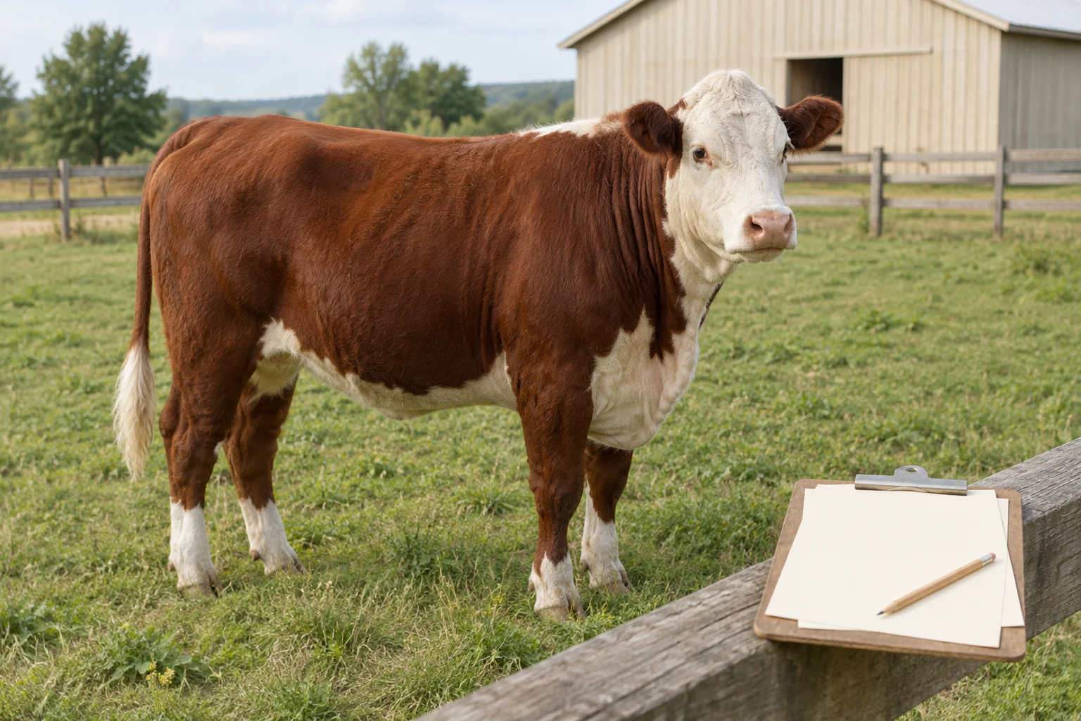 Roodbruin rund met witte kop staat in een weiland. Op het houten hek liggen een klembord met blanco papier en een potlood.