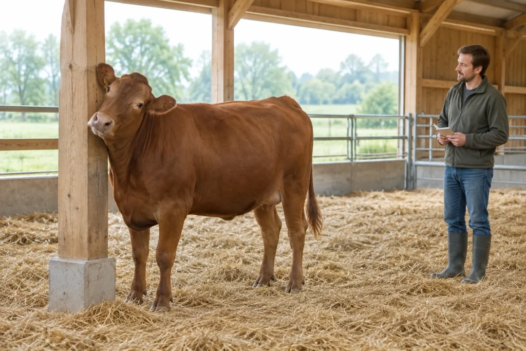 Bruine koe wrijft haar kop tegen een houten paal in een stal, terwijl een veehouder met een notitieboekje toekijkt.