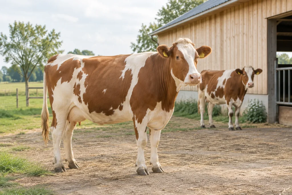 Twee bruin witte runderen met oormerken op een erf bij een stal.