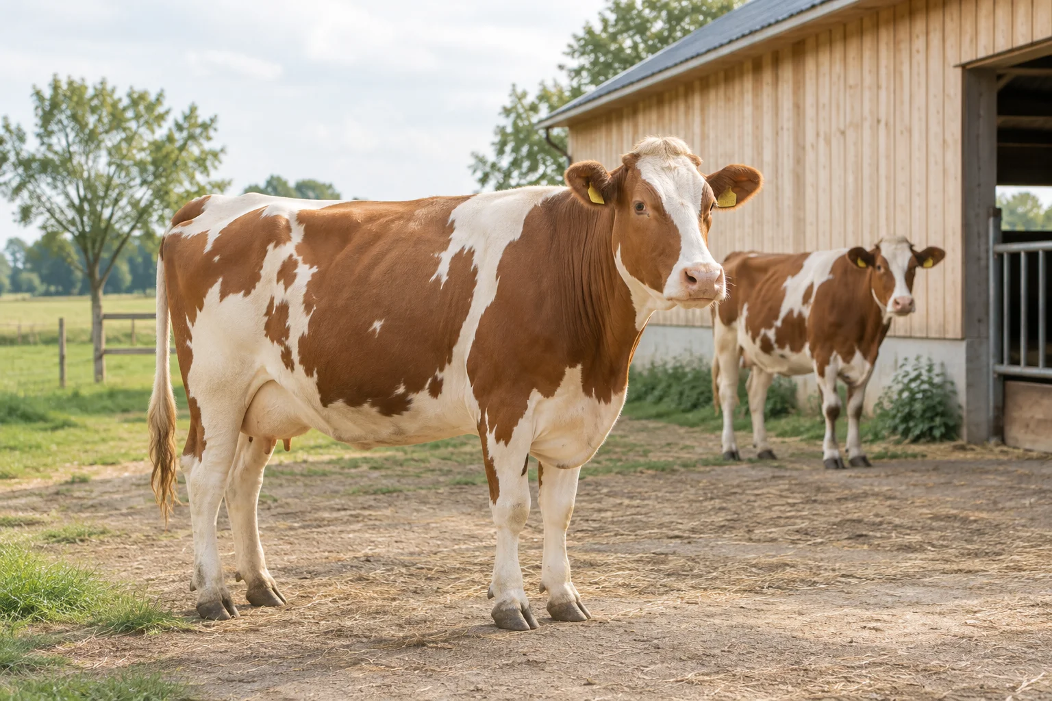 Twee bruin witte runderen met oormerken op een erf bij een stal.