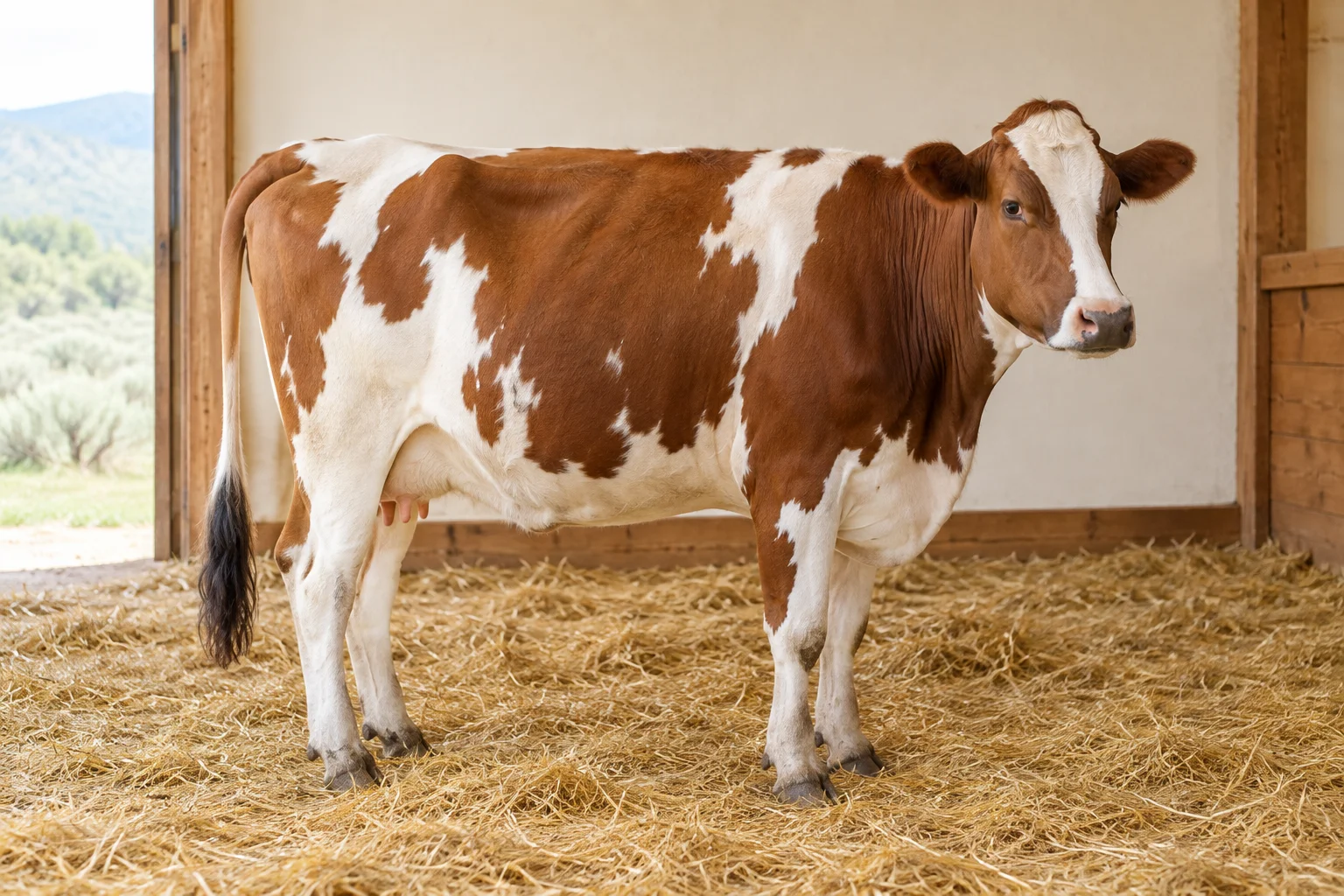 Roodbonte koe met een lange, intacte staart staat op stro in een stal.