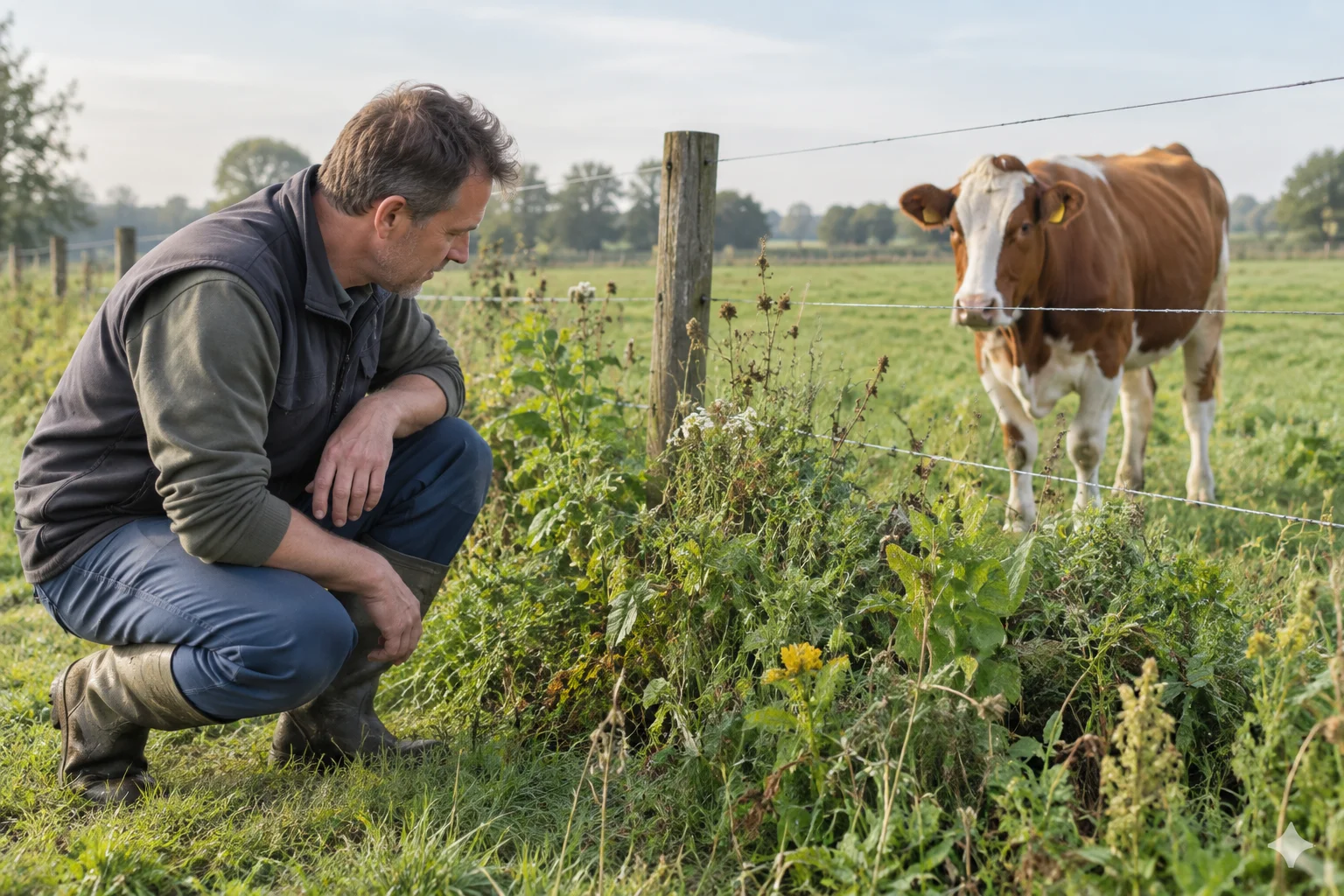 Een boer bekijkt planten langs een weideafrastering; achter de afrastering staat een rund.