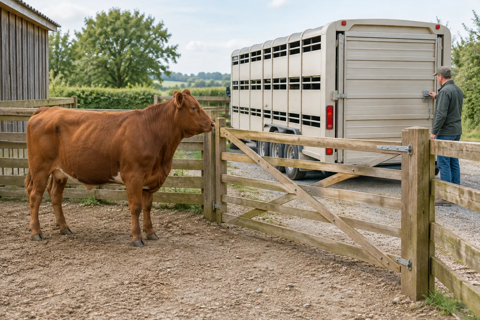 Illustratie van een rund achter een houten hek, met een gesloten veewagen en een persoon ernaast.