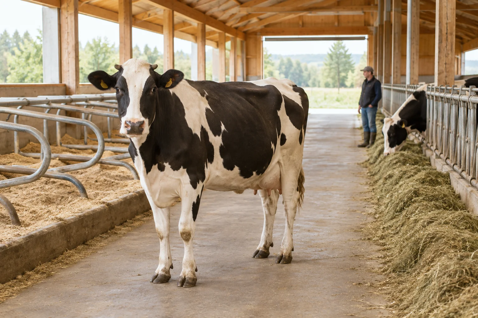 Zwartbonte koe in een stalgang, met ligplaatsen links, voer en etende koeien rechts en een verzorger op de achtergrond.