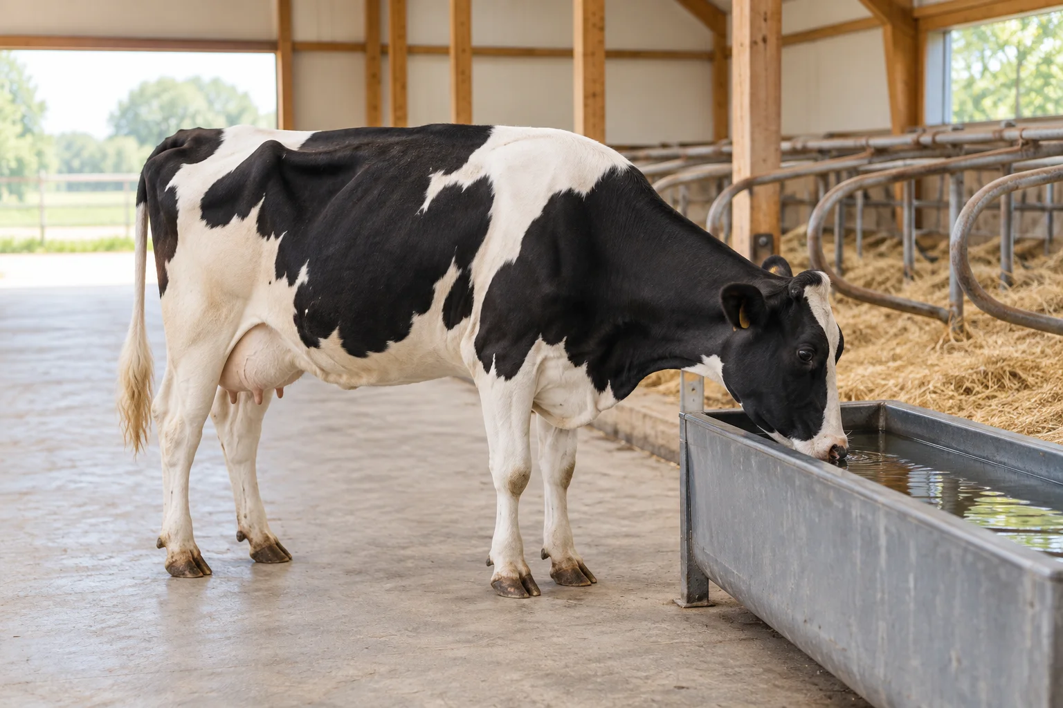 Een zwartbonte melkkoe drinkt uit een waterbak in een lichte stal, met ligplaatsen op de achtergrond.
