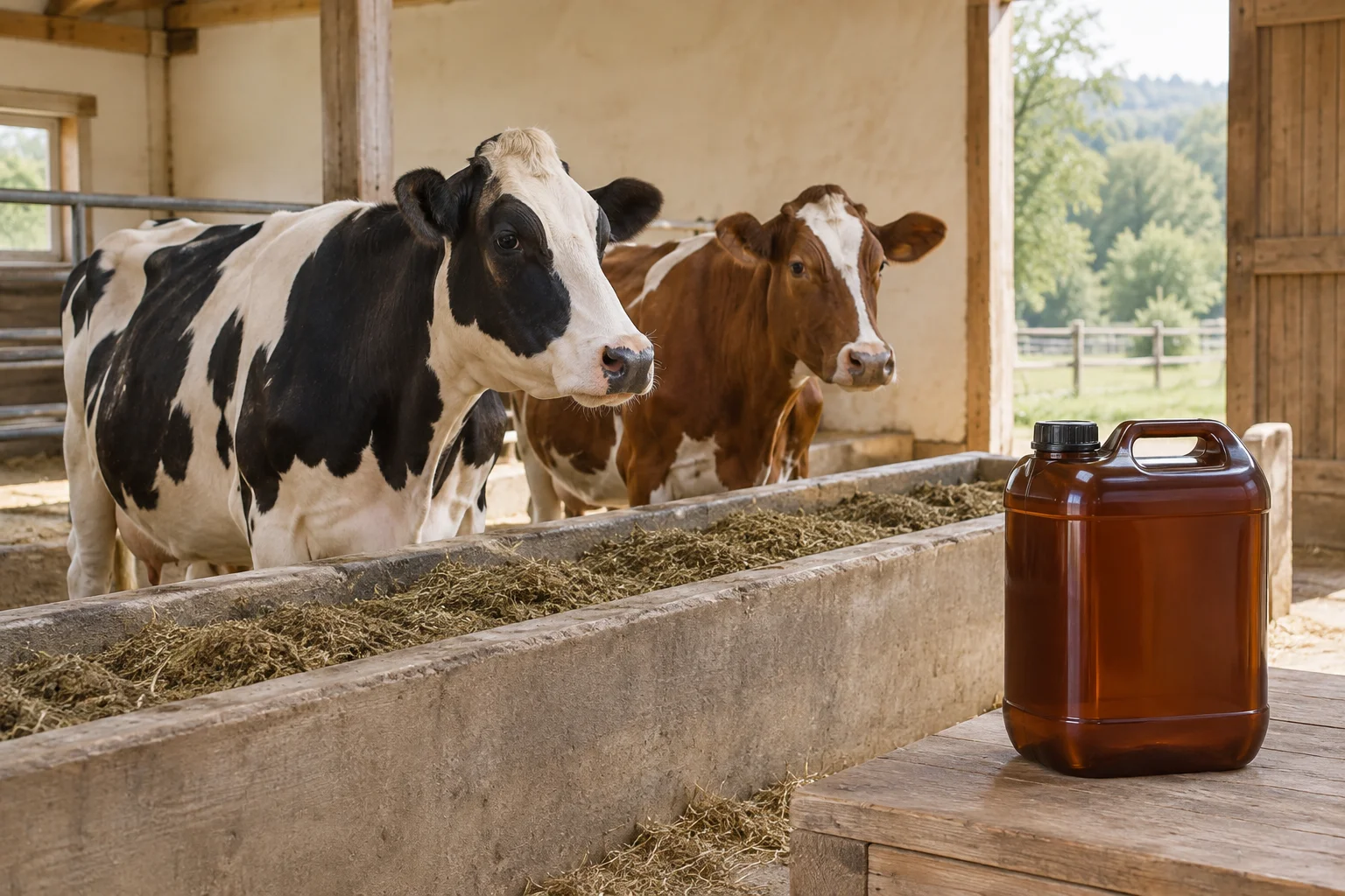 Illustratie van twee koeien bij een voerbak in een stal, met een bruine jerrycan op de voorgrond.