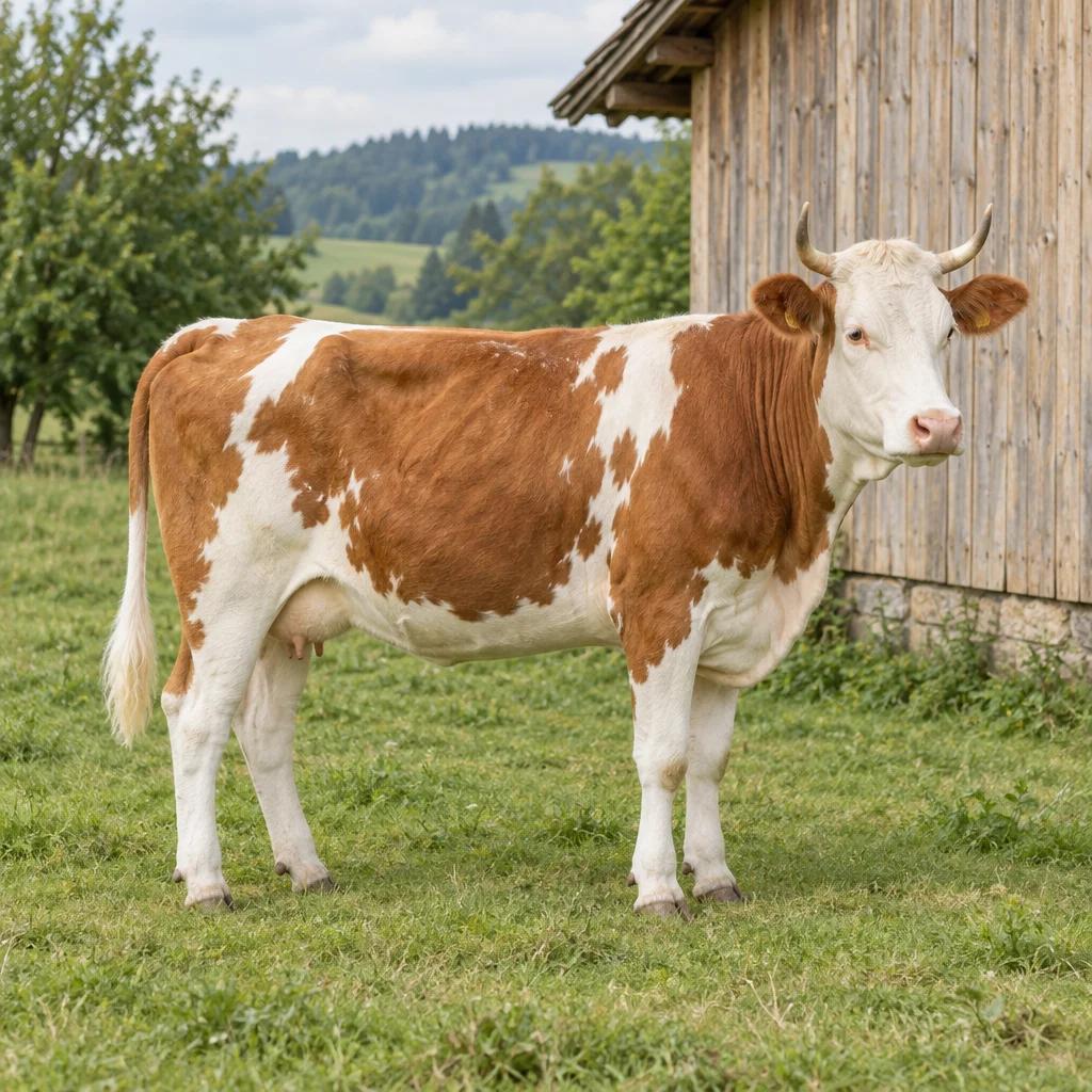 Een roodwit rund met een witte kop en gebogen horens staat op gras naast een houten schuur.