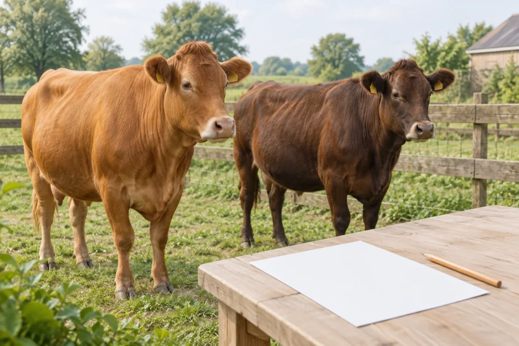 Twee runderen met oormerken staan in een weiland naast een tafel met een leeg vel papier en een potlood.