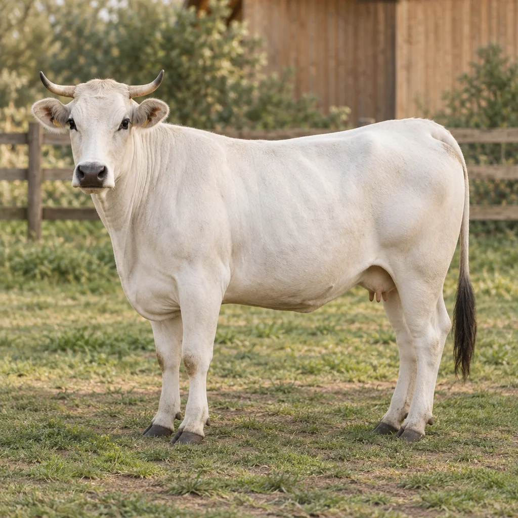 Illustratie van een witte Marchigiana koe met donkere snuit, hoorns en zichtbare uier in een omheinde weide.
