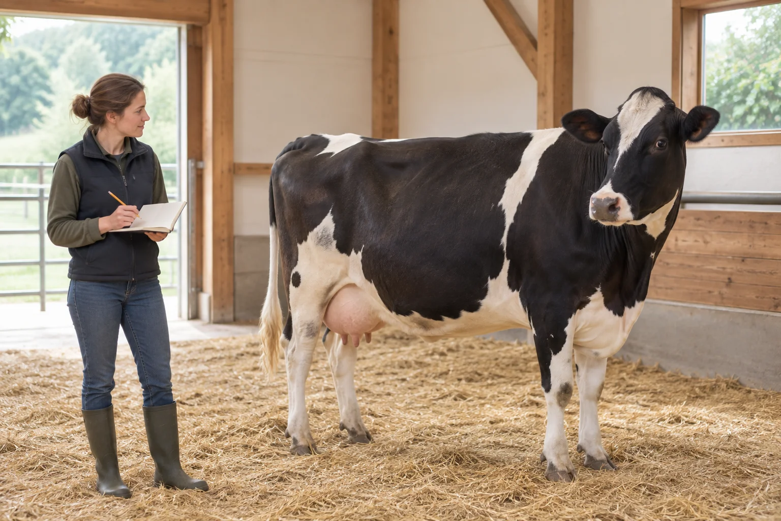 Zwartbonte melkkoe staat in een stal naast een vrouw met een open notitieboek en potlood.