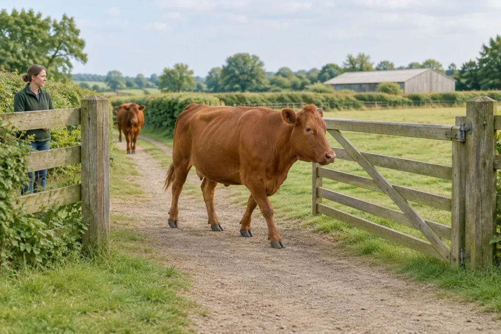 Bruin rund loopt over een landweg langs een open houten hek; een tweede rund volgt en een persoon staat achter de omheining.