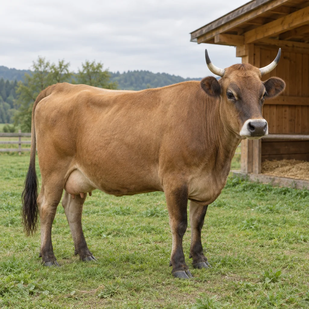 Bruine koe met donkere poten, een donkere staartpluim en lichte hoorns met donkere punten, staand op gras naast een houten schuilplek.