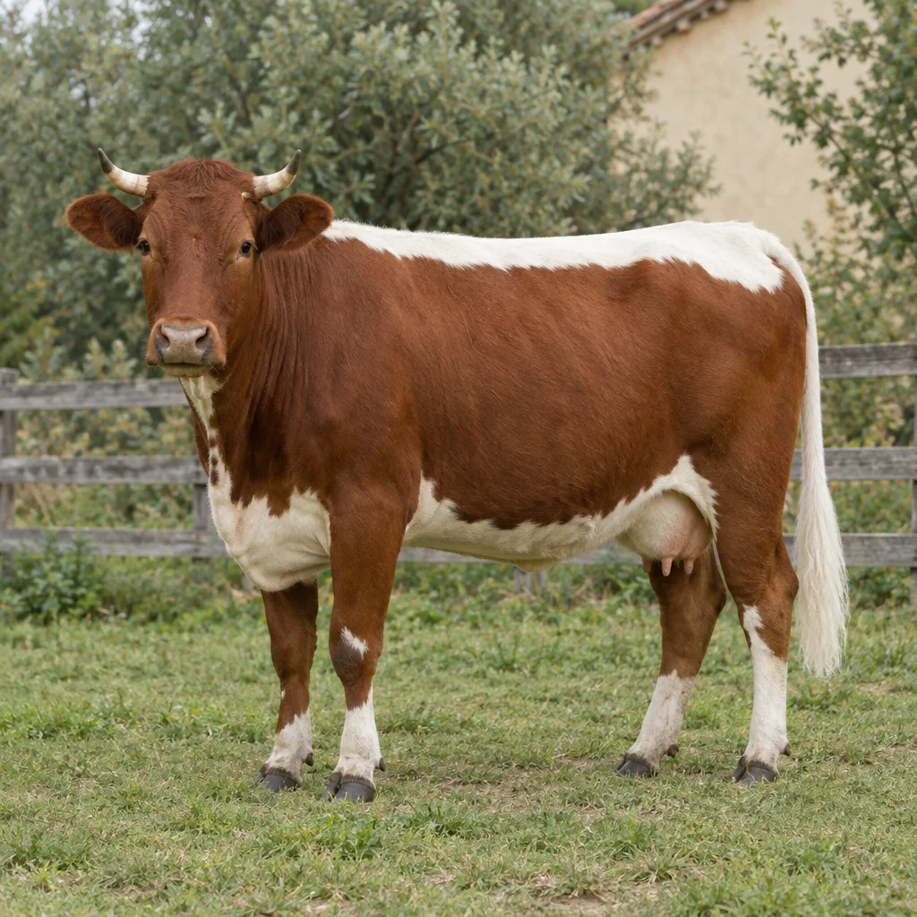 Kastanjebruin rund met een witte rugstreep, witte buik en witte staart, staand in gras bij een houten hek.