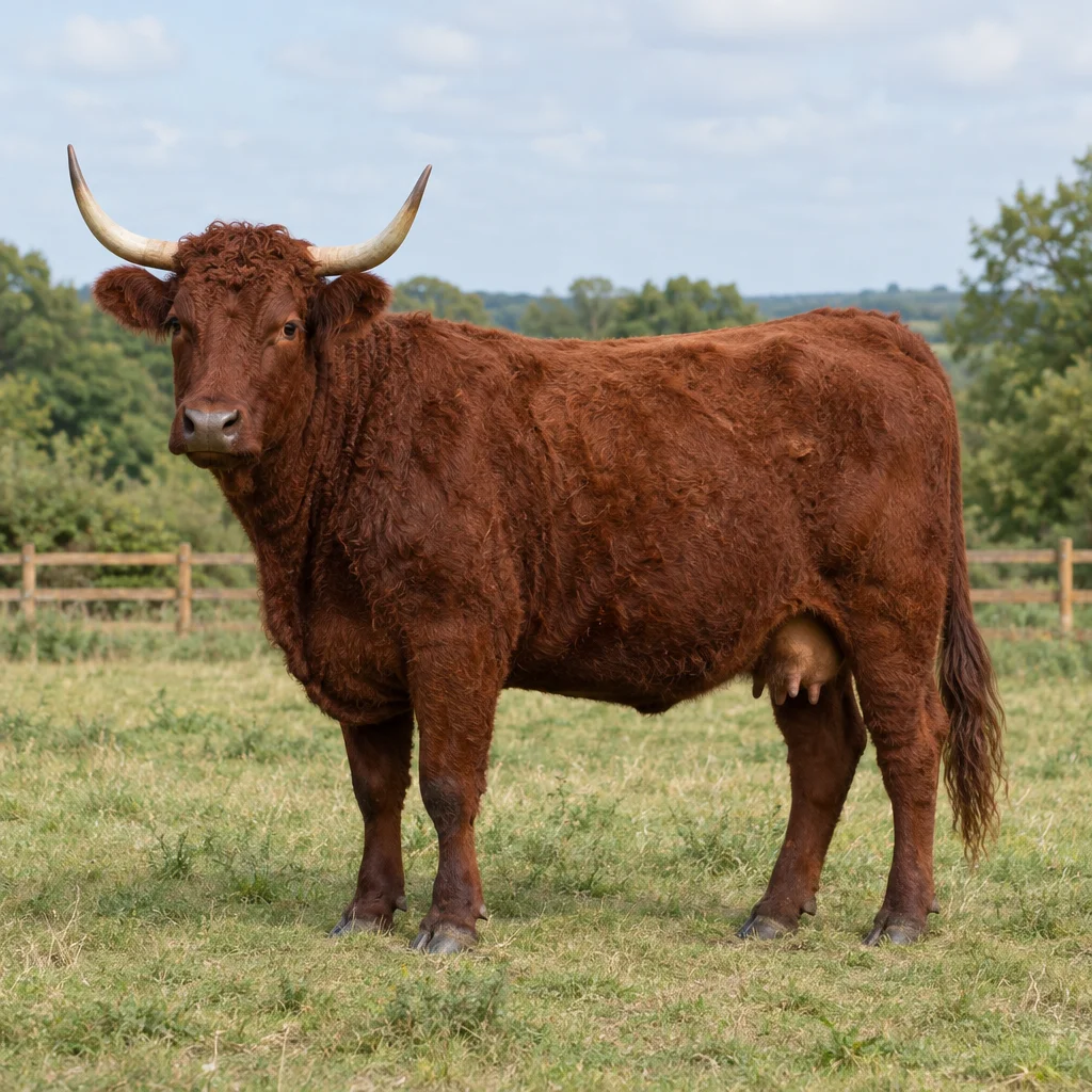 Roodbruine koe met gekrulde vacht en omhoog gebogen hoorns staat volledig in beeld op gras, met een hek op de achtergrond.