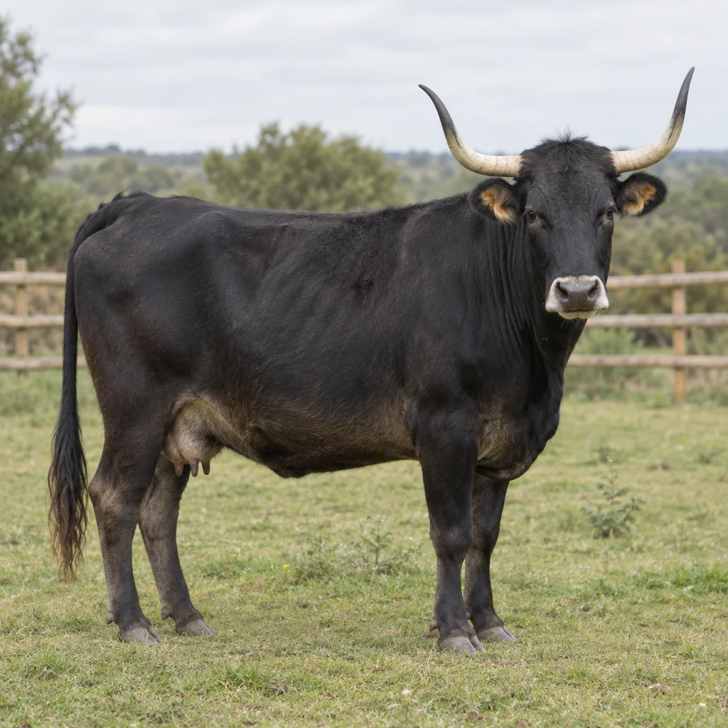 Zwarte koe met lange, gebogen hoorns staat volledig in beeld op gras voor een houten hek.