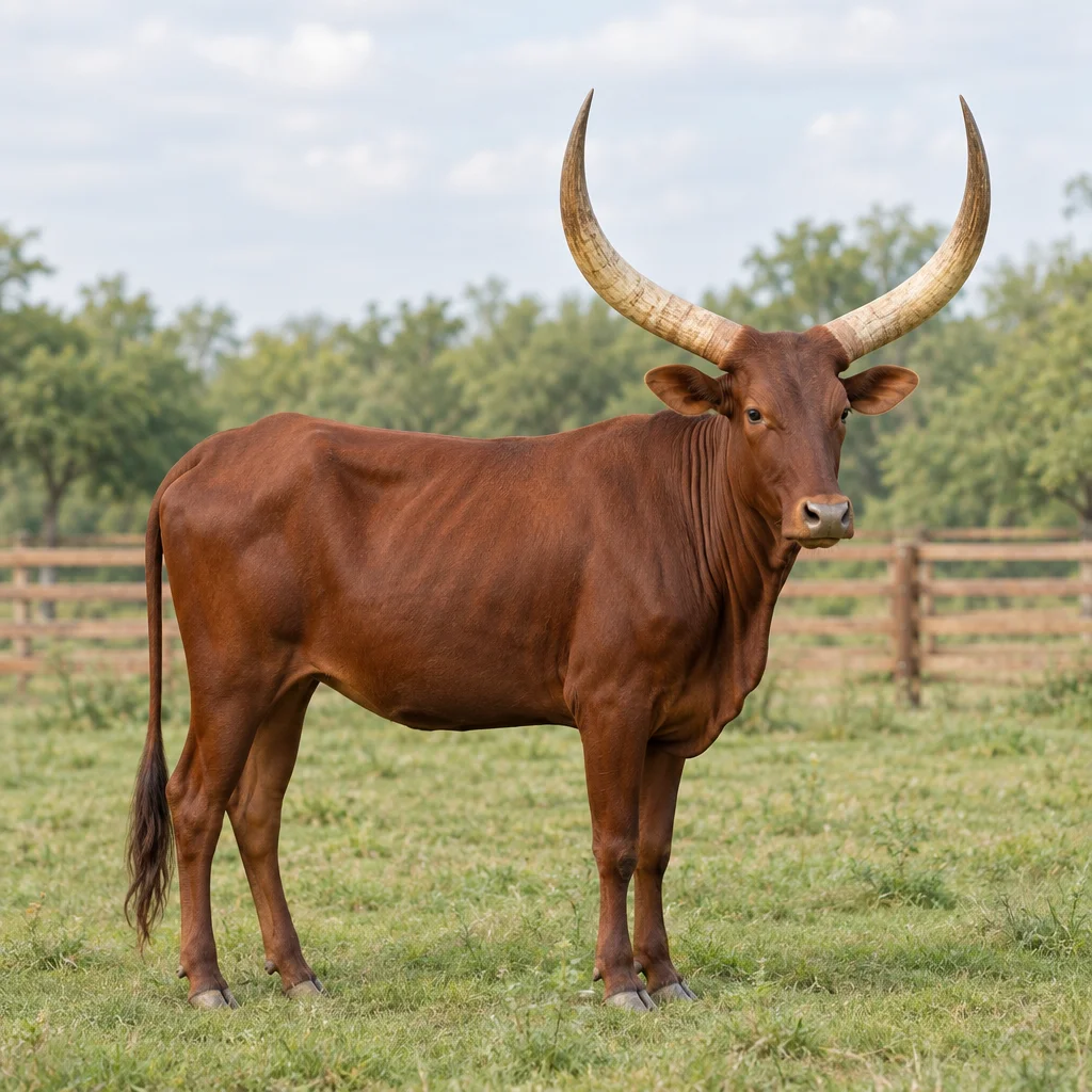 Illustratie van een roodbruin Watusi rund met grote, omhoog gebogen hoorns in een grasweide.