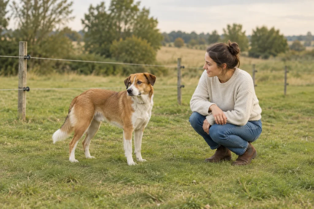 Een bruine hond staat op gras naast een gehurkte vrouw. Op de achtergrond staan houten palen met draden.