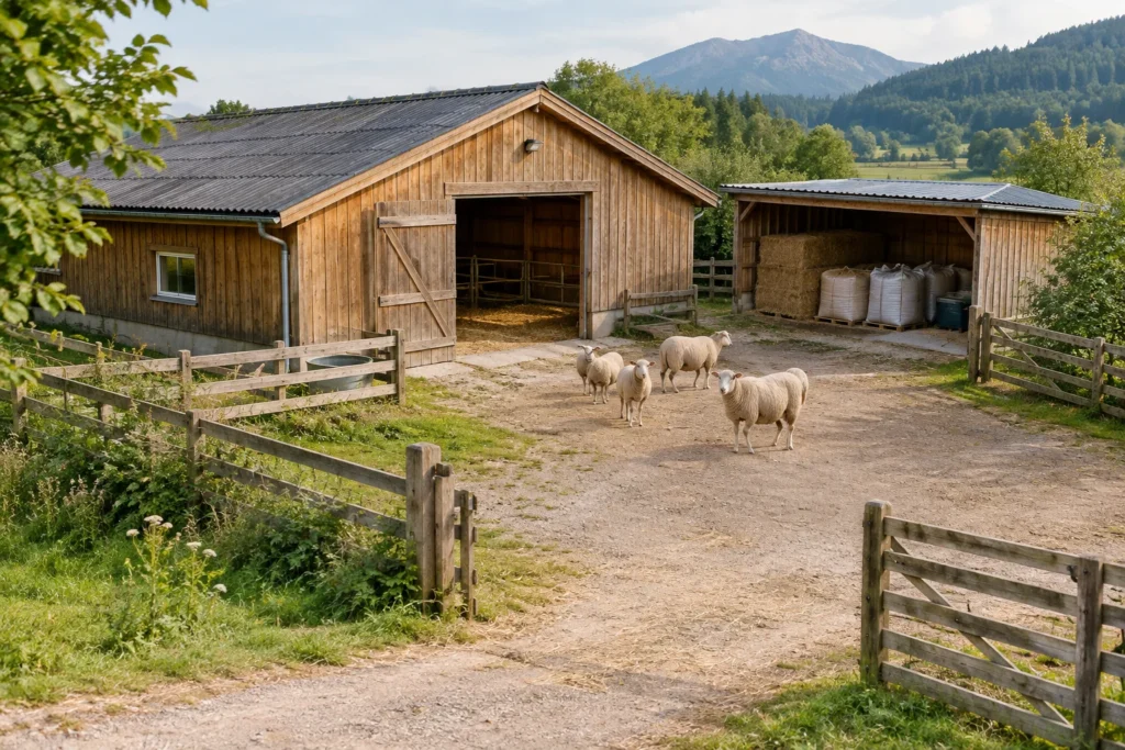 Illustratie van schapen op een erf met houten stallen en hekken, voor een bergachtig landschap.