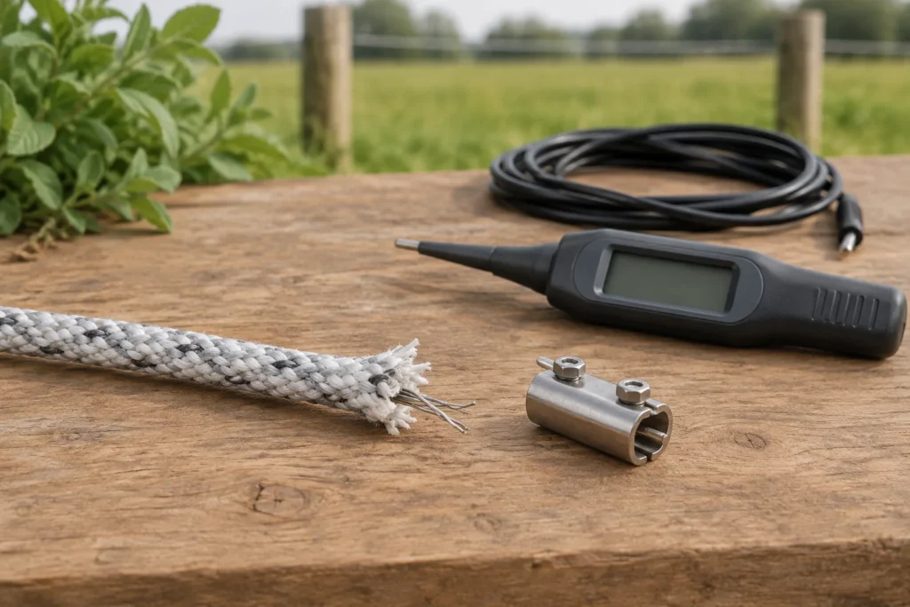 Gerafeld afrasteringskoord met zichtbare metalen draadjes op een houten werkbank, naast een losse metalen verbinder, een kabel en een meter met leeg scherm.