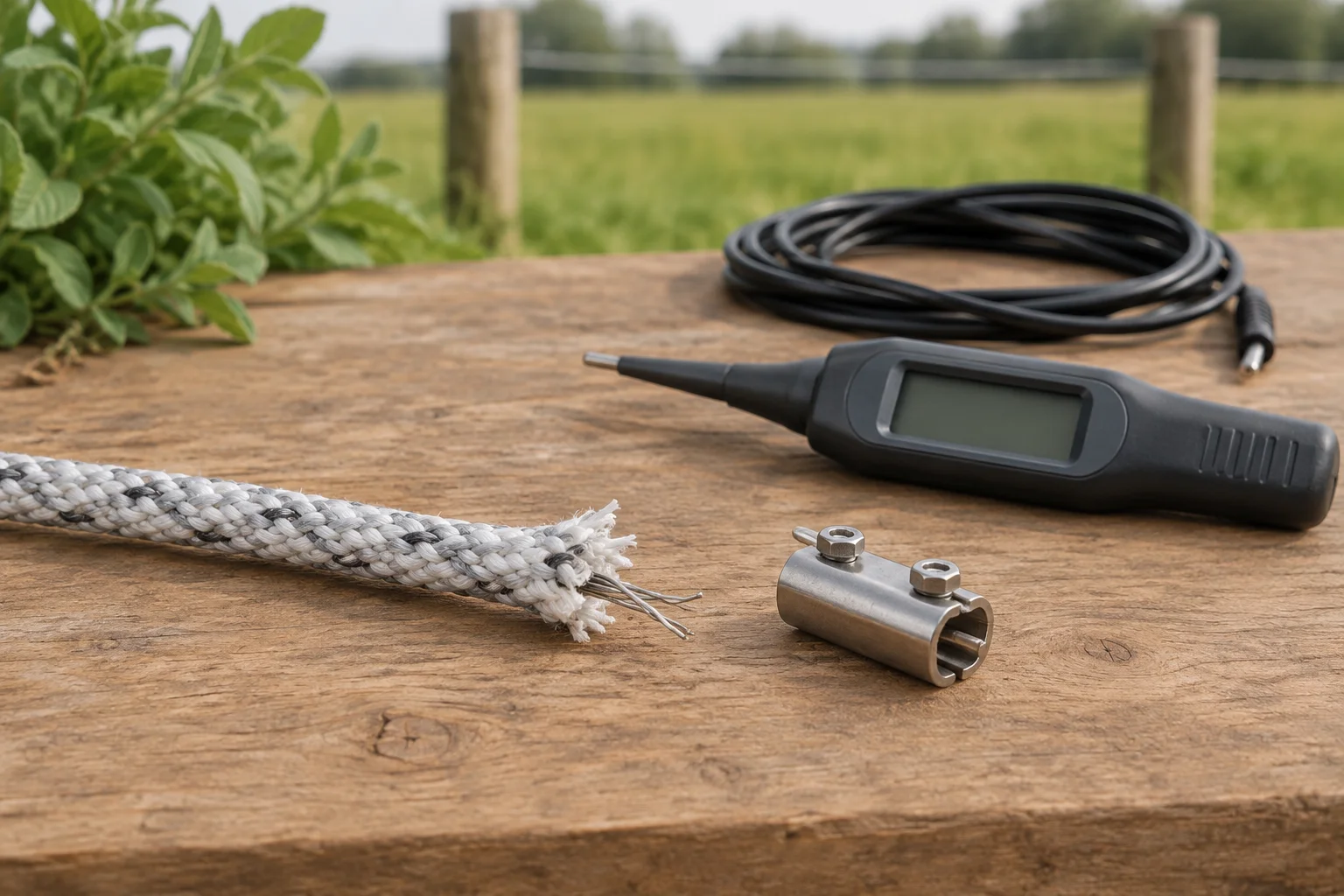 Gerafeld afrasteringskoord met zichtbare metalen draadjes op een houten werkbank, naast een losse metalen verbinder, een kabel en een meter met leeg scherm.