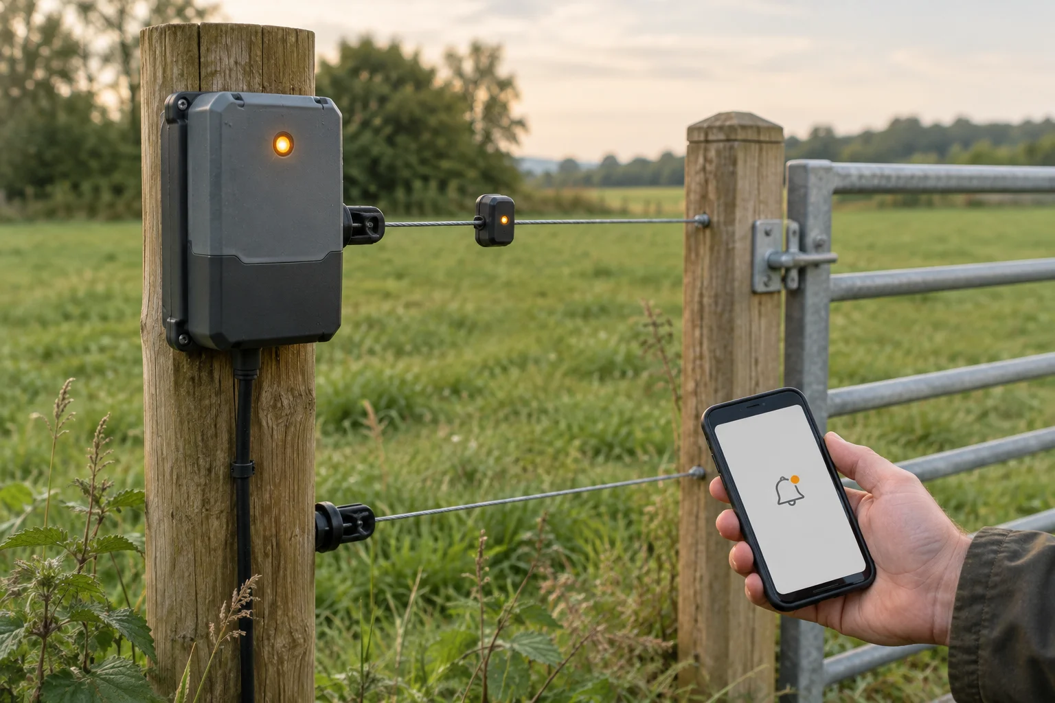 Controlelampje aan een elektrische afrastering, met een apparaat op een houten paal en een telefoon met een meldingsicoon.