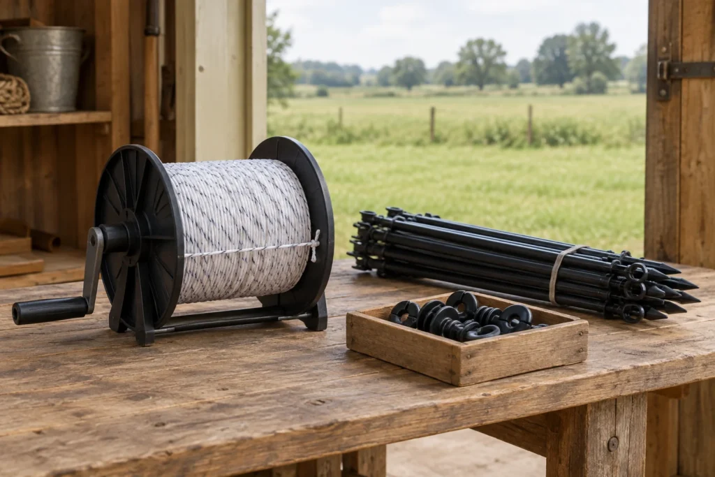 Een handmatige haspel met opgerolde witte draad staat op een houten werkbank, naast een bundel afrasteringspaaltjes en een bakje met isolatoren.