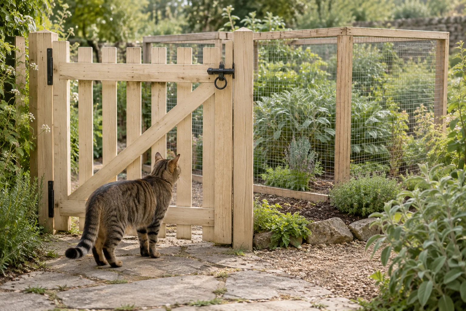 Gestreepte kat bij een houten tuinpoort en een gaashek in een groene tuin.