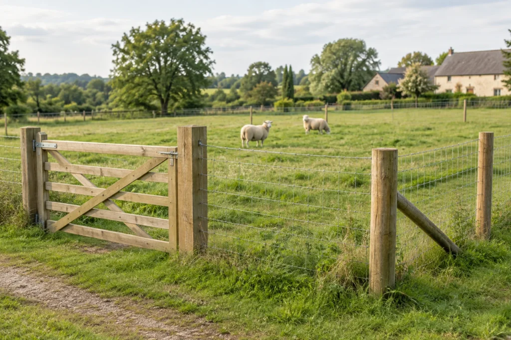 Houten hek en gaasafrastering rond een groene weide met twee schapen.