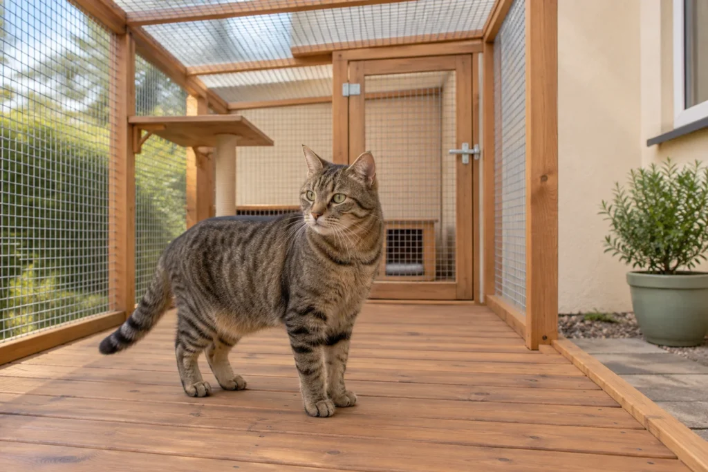 Bruin gestreepte kat staat op een houten terras binnen een verblijf met gaaswanden, een gaasdak en een deur.