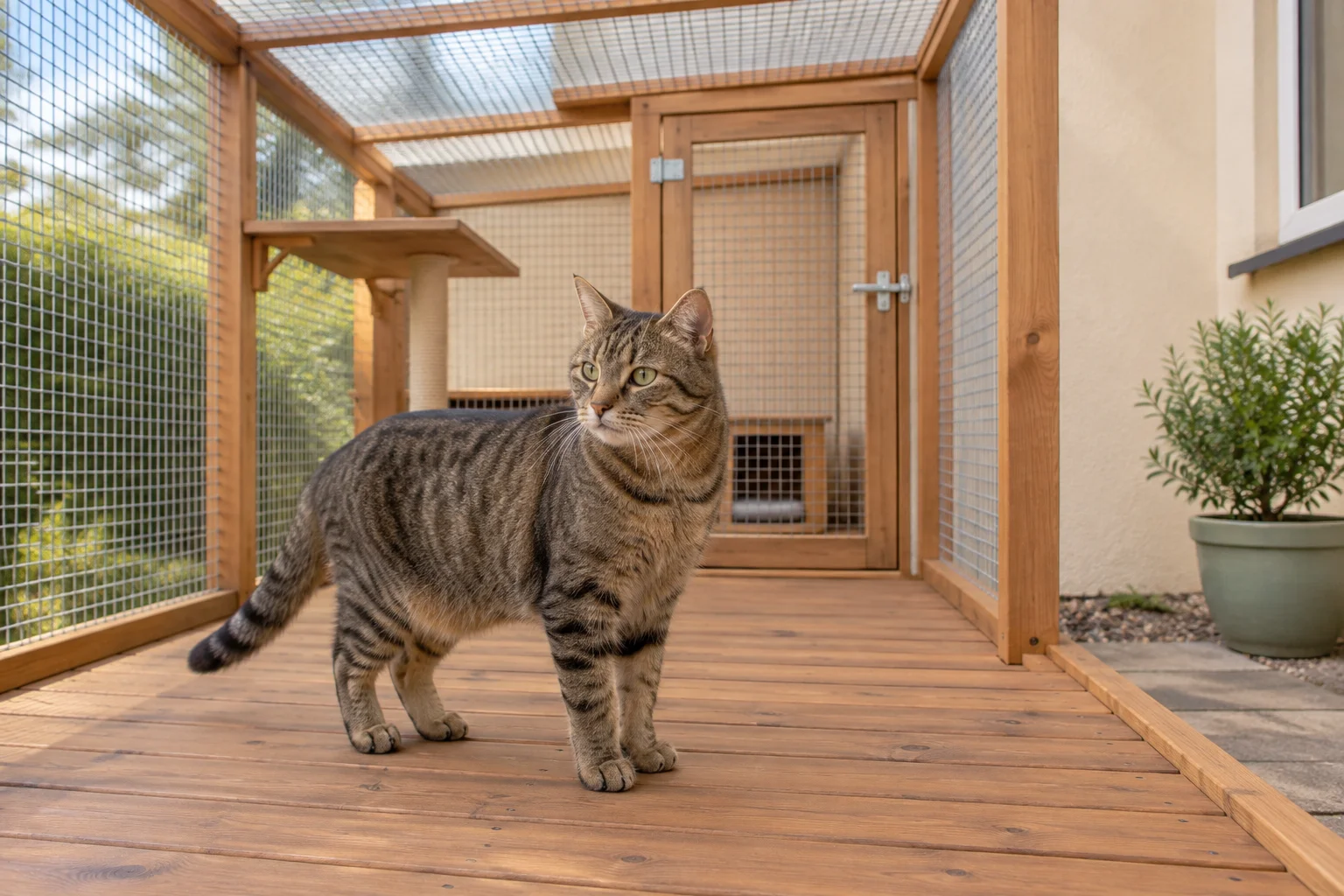 Bruin gestreepte kat staat op een houten terras binnen een verblijf met gaaswanden, een gaasdak en een deur.