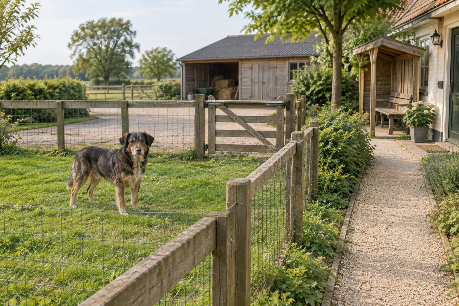 Een hond staat op gras binnen een omheining van houten palen en gaas, naast een apart grindpad op een boerenerf.