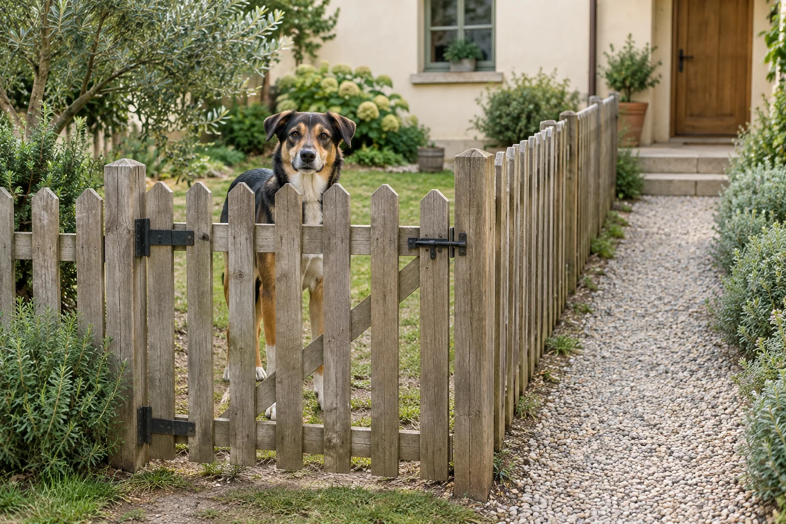 Hond achter een gesloten houten tuinhek naast een grindpad naar de voordeur.