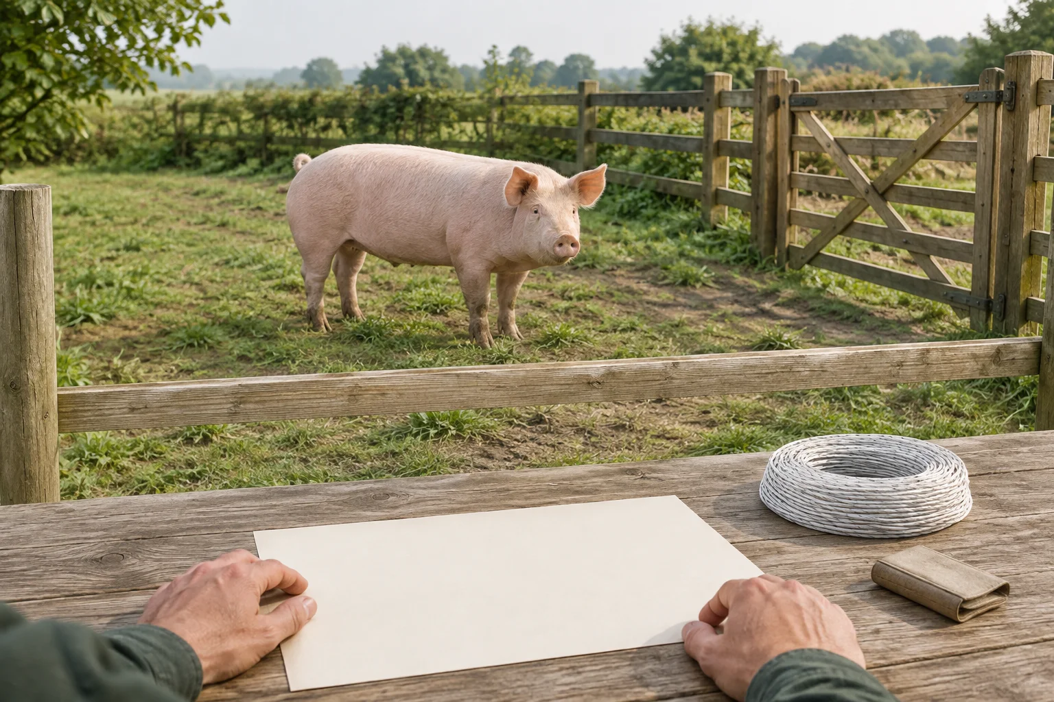 Een roze varken staat in een omheind verblijf bij een houten hek. Op een tafel liggen een blanco vel papier en een opgerolde draad.