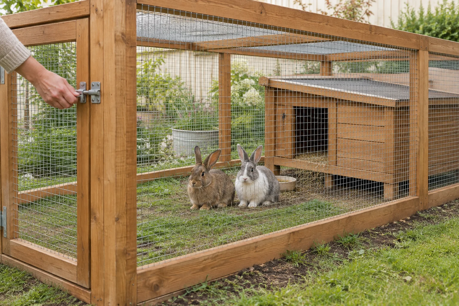 Twee konijnen in een houten ren met gaas, een afgedekte bovenkant en een schuilhok; een hand raakt de sluiting van het deurtje aan.