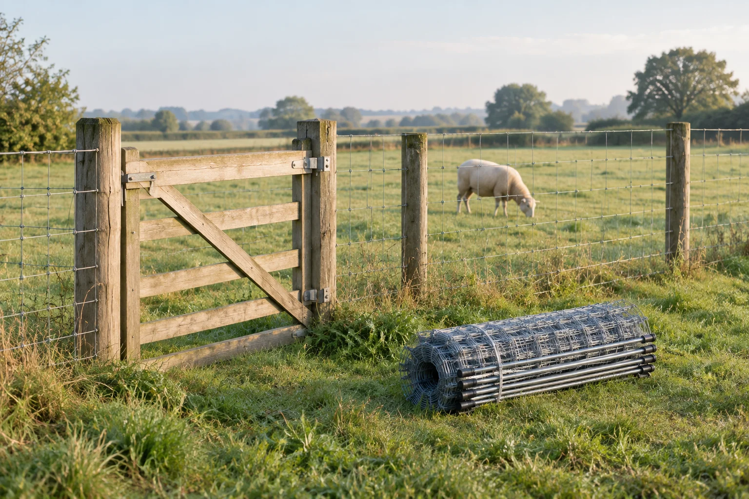 Houten hek met gaas langs een schapenweide, een opgerold net op het gras en een grazend schaap achter de afrastering.