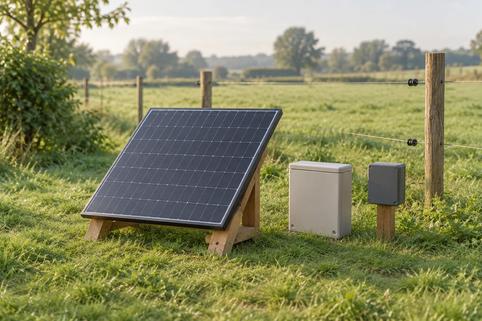 Zonnepaneel op een houten steun naast twee gesloten behuizingen in het gras, met een afrastering op de achtergrond.