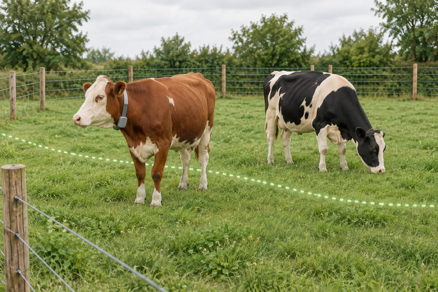 Twee runderen in een weiland, waarvan één een halsband draagt; een gestippelde lijn verbeeldt een virtuele afrastering.