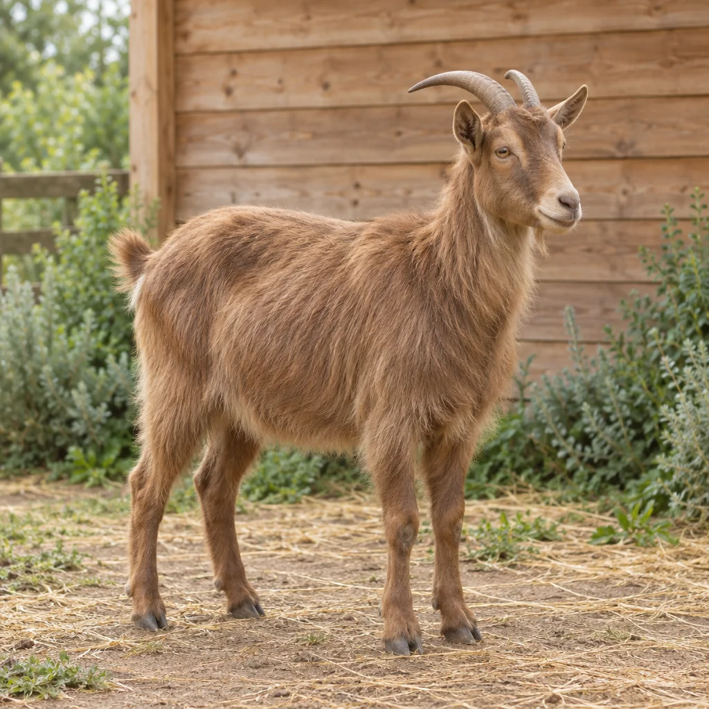 Volwassen bruine geit met hoorns staat volledig in beeld voor een houten schuur, met groen en stro op de achtergrond.