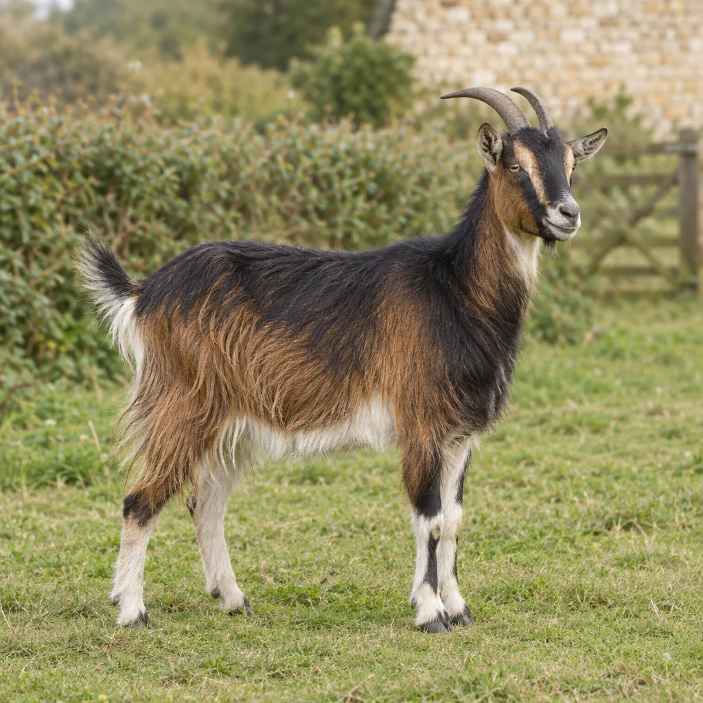 Een langharige geit met een donkere rug, bruine flanken en witte buik staat in het gras voor een haag.