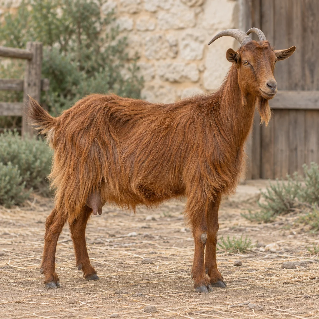 Roodbruine langharige geit met gebogen hoorns en een baard, volledig in beeld op een erf.