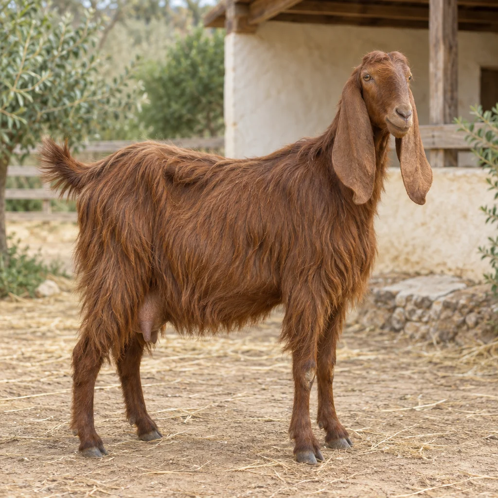 Een roodbruine, langharige geit met lange hangoren staat met alle vier de hoeven zichtbaar op een erf bij een lichte stal.