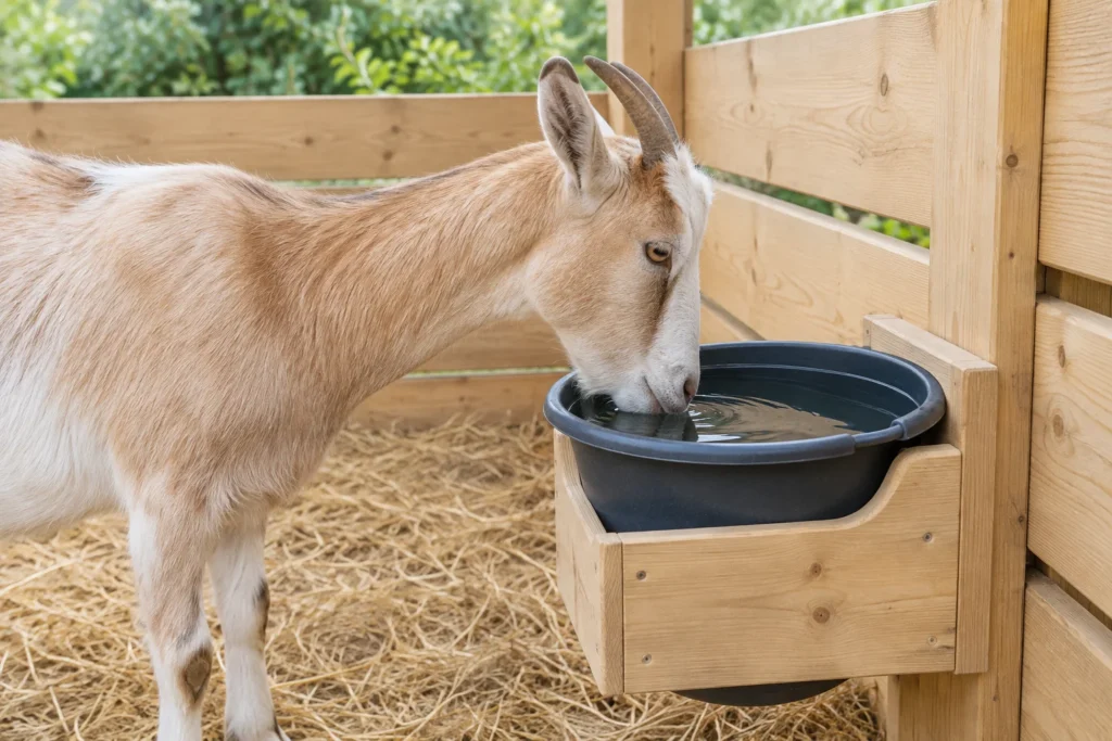 Een lichtbruine geit drinkt uit een zwarte waterbak in een houten houder aan de wand van een strohok.