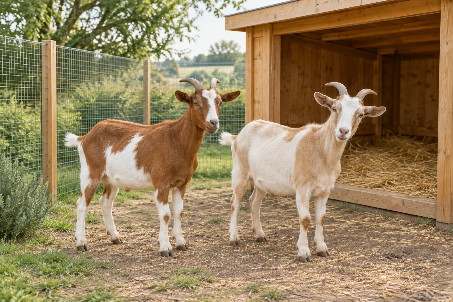 Twee geiten bij een houten stal met stro en een omheinde uitloop.