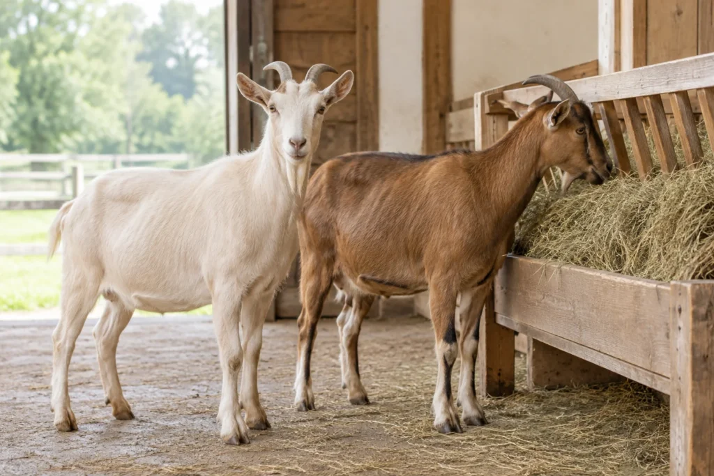 Twee geiten in een stal; een bruine geit eet hooi uit een voerbak.